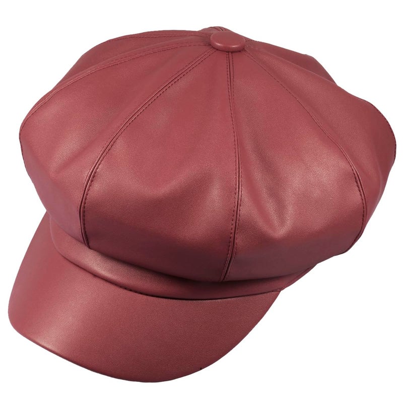 moonsix Newsboy Hat,Plain Cabbie Visor Beret Gatsby Ivy Caps for Women,Red(PU Leather Style 2) - Image 2